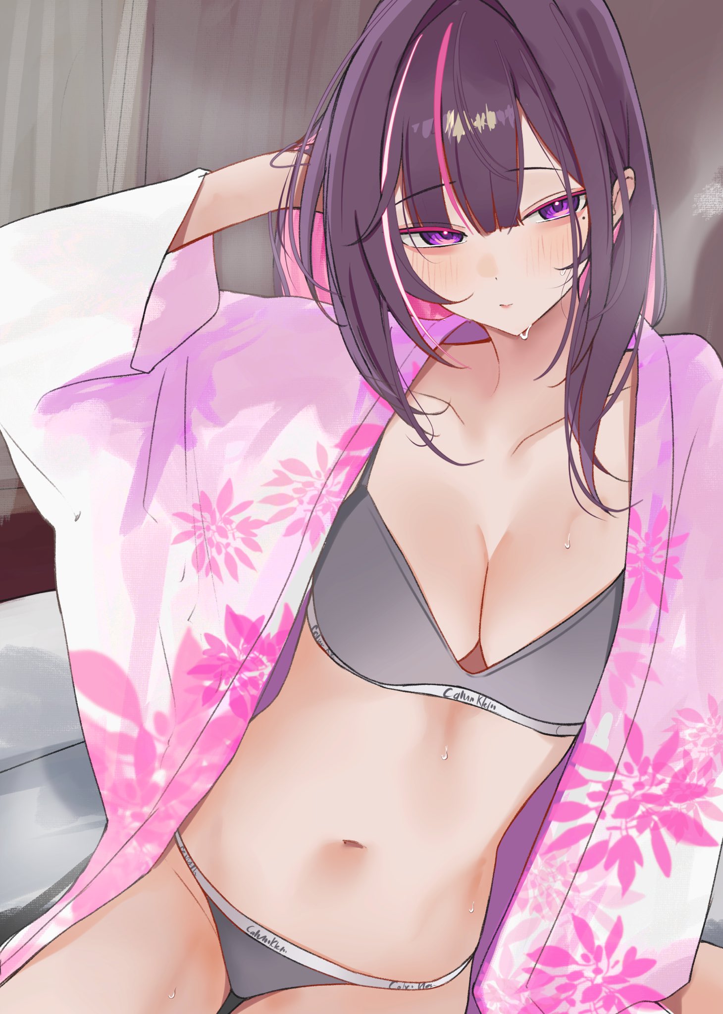 rifufu, azki (hololive), calvin klein, hololive, highres, 1girl, arm behind head, black hair, bra, breasts, cleavage, colored inner hair, floral print, floral print kimono, grey bra, grey panties, indoors, japanese clothes, kimono, large breasts, mole, mole under eye, multicolored hair, navel, open clothes, open kimono, panties, pink hair, pink kimono, pink streaks, print kimono, purple eyes, sitting, solo, stomach, streaked hair, underwear, virtual youtuber, white streaks