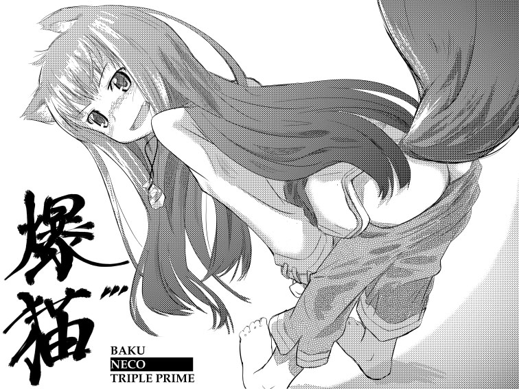 mtr, holo, spice and wolf, 00s, animal ears, ass, barefoot, blush, fang, feet, greyscale, long hair, looking back, monochrome, pouch, solo, tail, undressing, wolf ears, wolf tail