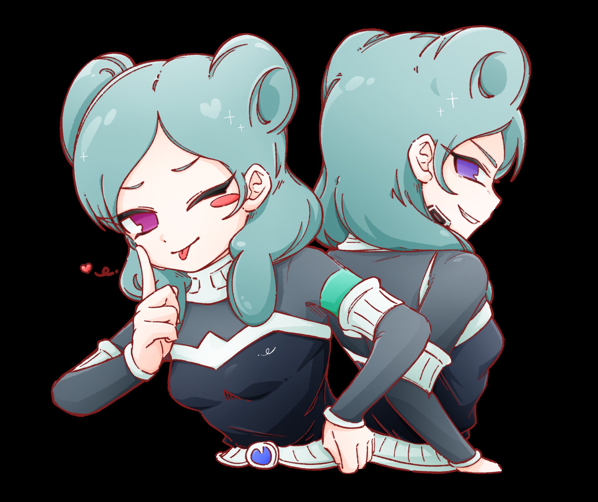 beta (inazuma eleven), inazuma eleven (series), inazuma eleven go, inazuma eleven go chrono stone, commentary, highres, 1girl, ;p, aqua hair, belt, bodysuit, breasts, double bun, finger to own chin, grey bodysuit, grey shirt, hair bun, jiang qi0315, medium breasts, multiple views, one eye closed, purple eyes, shirt, smile, smirk, tongue, tongue out, white belt