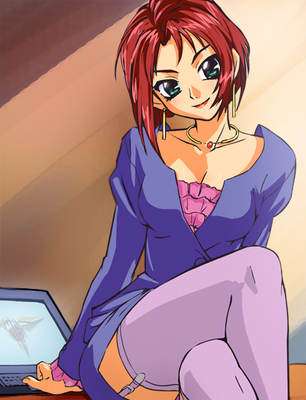 haruyama kazunori, matsubara izumi, yuusha series, yuusha tokkyuu might gaine, 1girl, arm support, breasts, collar, crossed legs, earrings, female focus, formal clothes, garter belt, garter straps, green eyes, head tilt, indoors, jewelry, lipstick, looking at viewer, makeup, medium breasts, miniskirt, necklace, red hair, red lips, short hair, sitting, skirt, skirt suit, smile, solo, suit, thighhighs