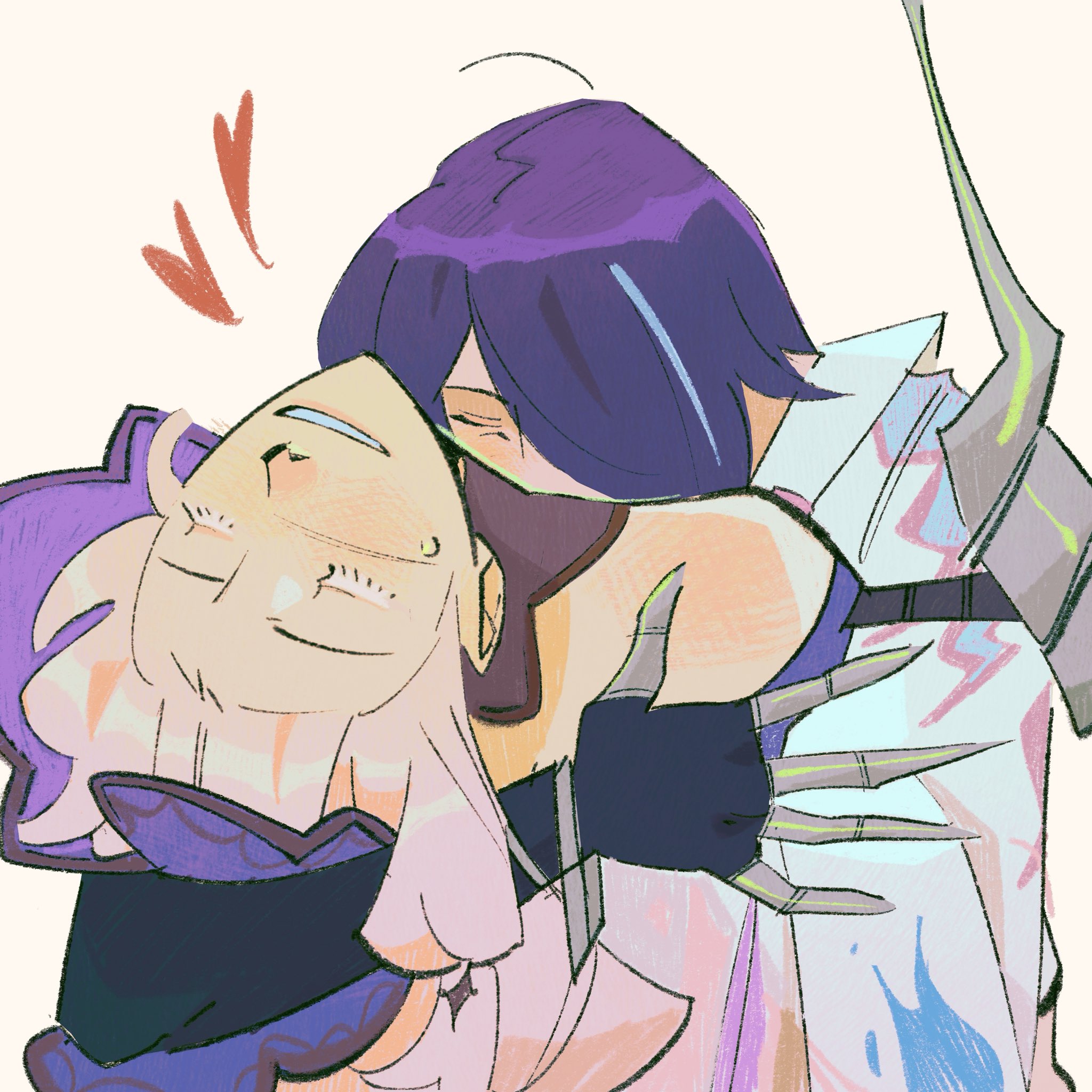 acheron (honkai: star rail), black swan (honkai: star rail), honkai: star rail, honkai (series), commentary, english commentary, highres, 2girls, bare shoulders, blush, closed mouth, dxnut00, hair over shoulder, heart, hug, multiple girls, parted lips, purple hair, simple background, smile, sweat, yellow background, yuri