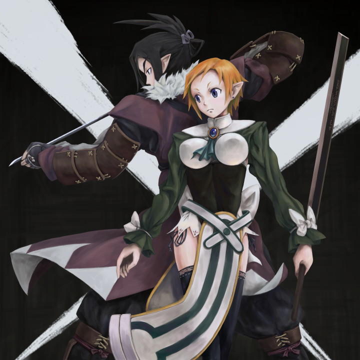 tamazen, magic knight (disgaea), ronin (disgaea 2), samurai (disgaea), disgaea, makai senki disgaea 2, 1boy, 1girl, armor, black hair, blue eyes, breasts, elf, katana, large breasts, orange hair, pointy ears, short hair, sword, tabard, thighhighs, thighs, weapon