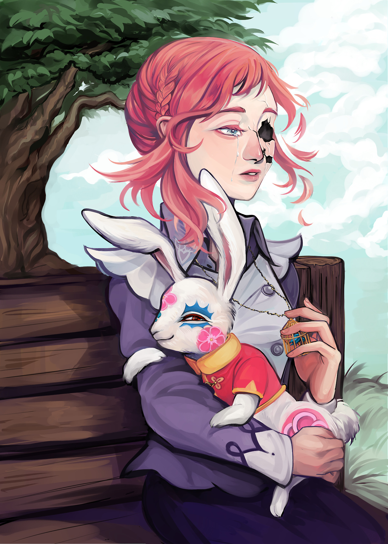 luna (kyokugen dasshutsu), kyokugen dasshutsu, kyokugen dasshutsu adv: zennin shibou desu, commentary, english commentary, highres, spoilers, 1girl, android, animal, bench, blouse, blue eyes, buttons, closed mouth, clothed animal, cloud, collared shirt, cracked face, crying, crying with eyes open, eyelashes, grass, holding, holding animal, jewelry, knighthunt, lips, long sleeves, necklace, on bench, orange hair, outdoors, purple shirt, purple skirt, rabbit, red eyes, red shirt, severed hair, shirt, sitting, skirt, sky, smile, tears, tree, vest, white vest, wooden bench, zero iii