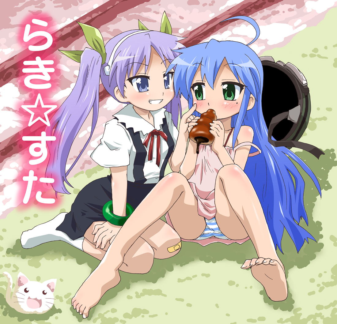 mukaibi aoi, hachikuji mayoi, hiiragi kagami, hirano aya, izumi konata, katou emiri, nyamou, oshino shinobu, yoshimizu kagami (cat), bakemonogatari, lucky star, monogatari (series), 2girls, ahoge, bandaid, bandaid on knee, bandaid on leg, barefoot, blue eyes, blue hair, blush, bracelet, breasts, casual, cat, cathead, chocolate cornet, cosplay, dress, feet, flat chest, food, green eyes, grin, hachikuji mayoi (cosplay), hair ribbon, helmet, jewelry, kneeling, kodomo doushi, legs, loli, long hair, mole, mole under eye, multiple girls, oshino shinobu (cosplay), panties, pantyshot, purple hair, ribbon, sitting, small breasts, smile, socks, soles, strap slip, striped clothes, striped panties, sundress, teeth, toes, tsurime, twintails, underwear, voice actor connection, yuri
