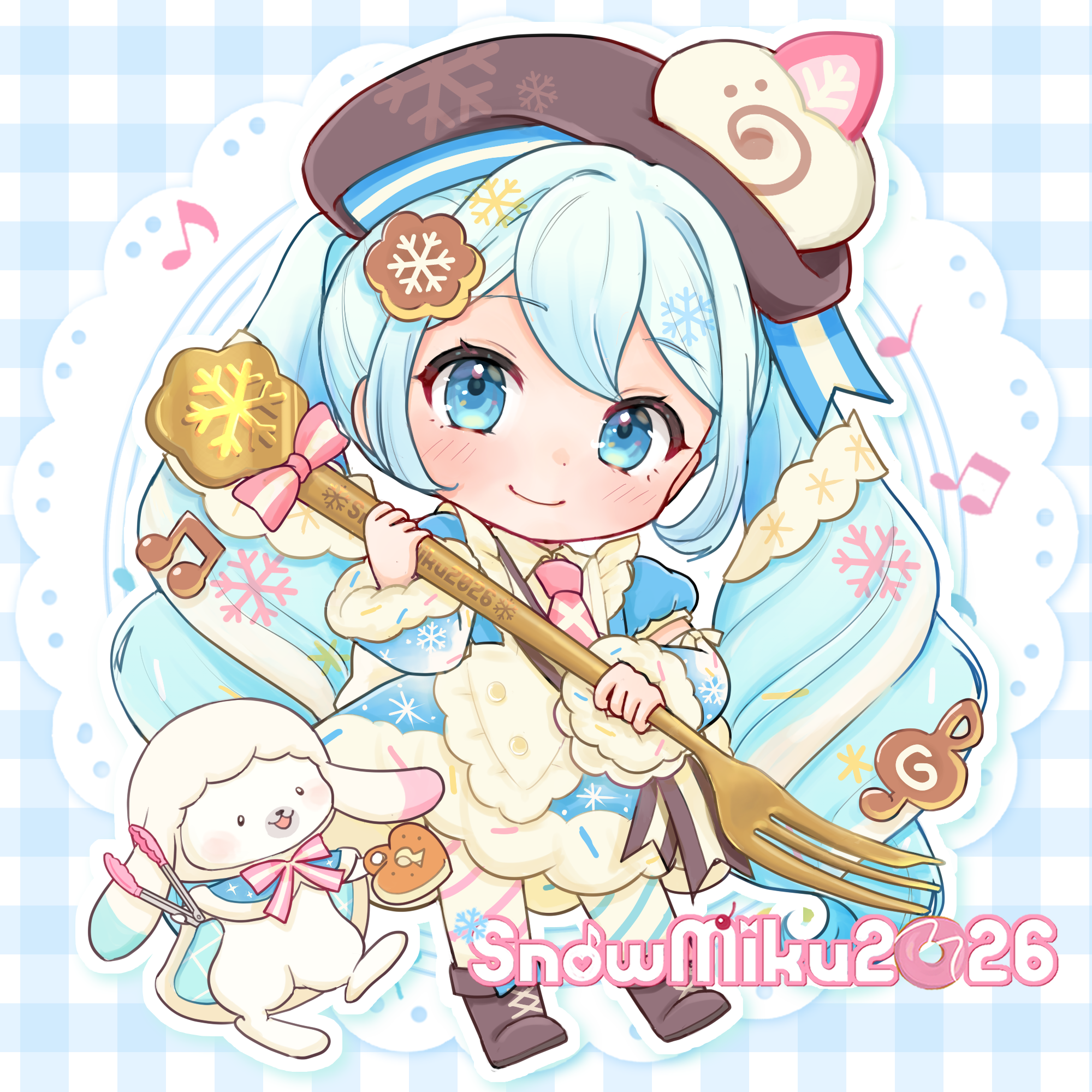 mofmama, hatsune miku, rabbit yukine, yuki miku, yuki miku (2026), vocaloid, commentary request, highres, 1girl, 1other, 2026, apron, aqua eyes, aqua hair, blue bow, blue dress, blue sleeves, blue thighhighs, blush, boots, bow, bowtie, bright pupils, brown hat, character name, chibi, closed mouth, collared dress, detached sleeves, double-parted bangs, dress, dress bow, food, food-themed clothes, food-themed hat ornament, footwear bow, fork, frilled apron, frills, full body, fur-trimmed dress, fur-trimmed sleeves, fur trim, hair between eyes, hair ornament, hat, hat ornament, heart, holding, holding fork, long hair, long sleeves, medium dress, mismatched thighhighs, musical note-themed food, necktie, official alternate costume, official alternate hairstyle, pink bow, pink bowtie, pink necktie, puffy short sleeves, puffy sleeves, rabbit, short sleeves, sleeve bow, smile, snowflake print, snowflakes, striped clothes, thighhighs, twintails, two-tone sleeves, very long hair, wavy hair, white apron, white bow, white rabbit (animal), white sleeves, wide sleeves