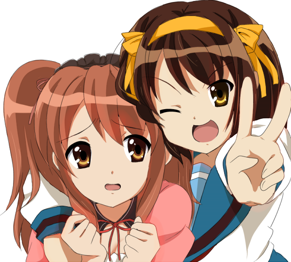 sham fu, asahina mikuru, suzumiya haruhi, suzumiya haruhi no yuuutsu, 00s, brown hair, headband, one eye closed, orange eyes, school uniform, serafuku, short hair, v, wink