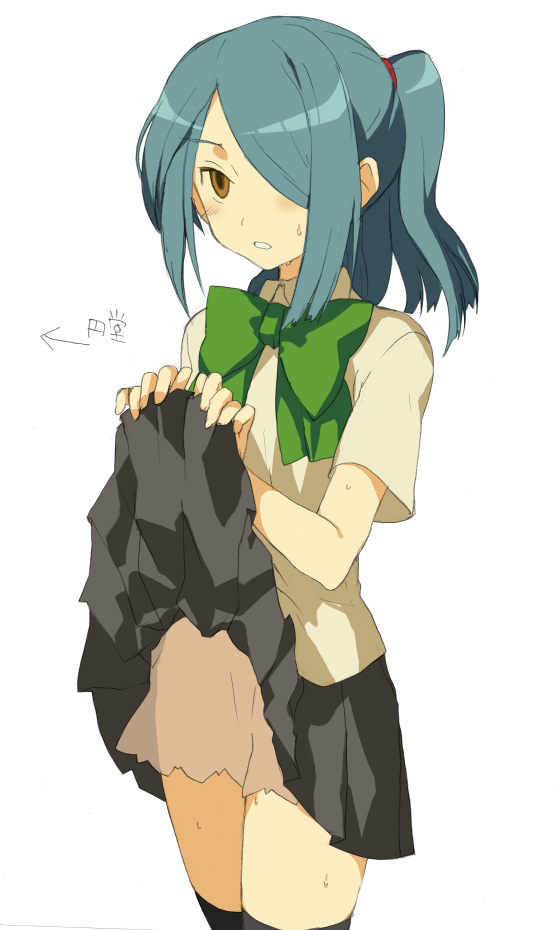 kaimuari, kazemaru ichirouta, inazuma eleven, inazuma eleven (series), bad id, bad pixiv id, 00s, 1boy, blush, clothes lift, crossdressing, crossdressing (mtf), hair over one eye, male focus, ponytail, shota, skirt, skirt lift, solo, sweat, thighhighs, trap