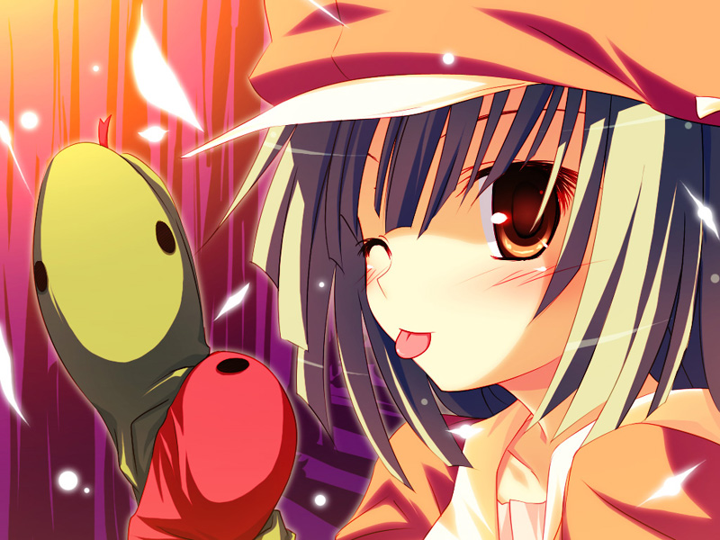 yuku (kiollion), sengoku nadeko, bakemonogatari, kodansha, monogatari (series), 00s, 1girl, blush, female focus, hat, newsboy cap, orange eyes, short hair, snake, solo, tongue, wink