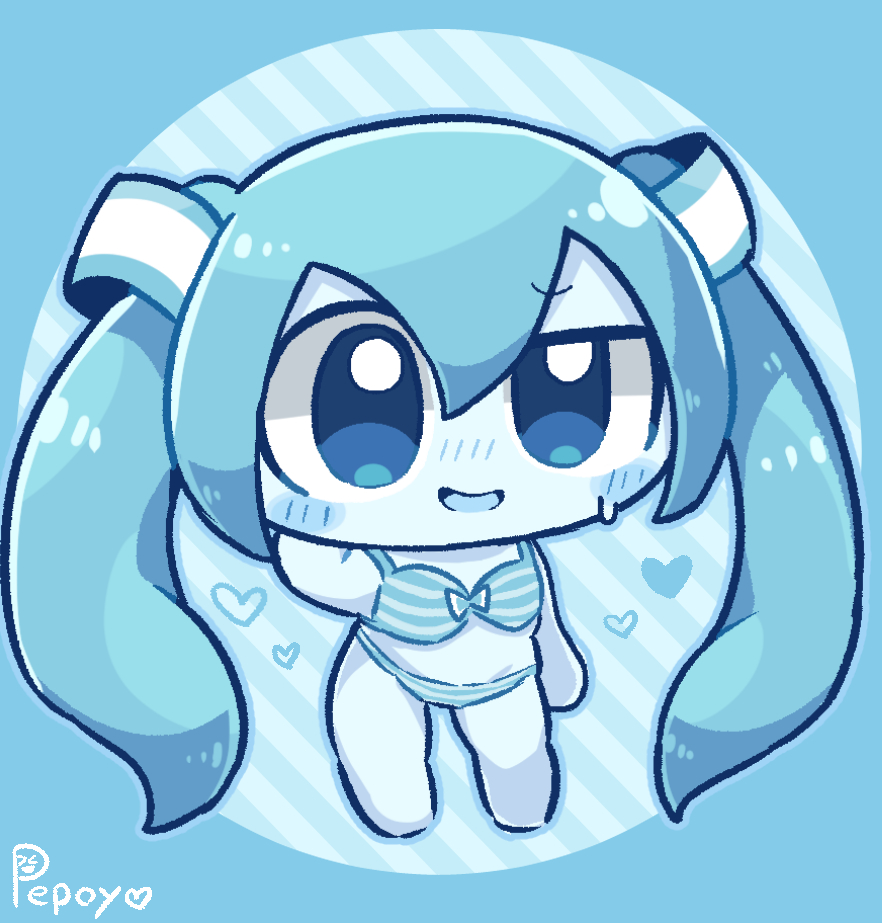 pepoyo, hatsune miku, vocaloid, 1girl, :d, absurdly long hair, arm at side, artist name, bare arms, bare legs, bare shoulders, barefoot, bikini, blue background, blue bikini, blue border, blue eyes, blue hair, blue outline, blue skin, blue theme, blush, border, chibi, chibi only, colored skin, diagonal-striped background, double-parted bangs, full body, hair between eyes, hair ornament, heart, long hair, open mouth, outline, outside border, round border, simple background, single eyebrow, smile, solo, standing, striped background, striped bikini, striped clothes, sweatdrop, swimsuit, twintails, very long hair