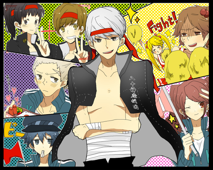 shigure wasa, ws (pixiv), amagi yukiko, hanamura yousuke, kujikawa rise, kuma (persona 4), narukami yu, satonaka chie, shirogane naoto, tatsumi kanji, atlus, persona, persona 4, bad id, bad pixiv id, 4boys, 4girls, androgynous, bandages, cheerleader, crossdressing, crossed arms, food, gakuran, lunchbox, midriff, multiple boys, multiple girls, open clothes, open shirt, reverse trap, school uniform, shirt, smile, v