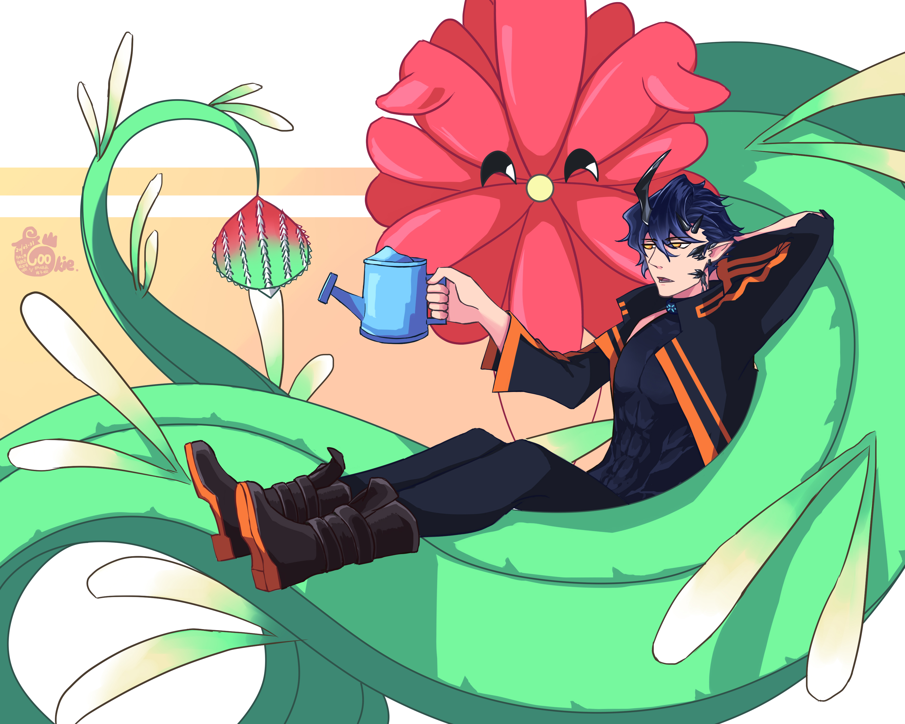 bard cookie, flamebringer (arknights), porccubus, arknights, lobotomy corporation, project moon, relaxing, absurdres, highres, 1boy, blue hair, boots, creature, flower, holding, holding watering can, horns, material growth, muscular, muscular male, oripathy lesion (arknights), watering can, yellow eyes