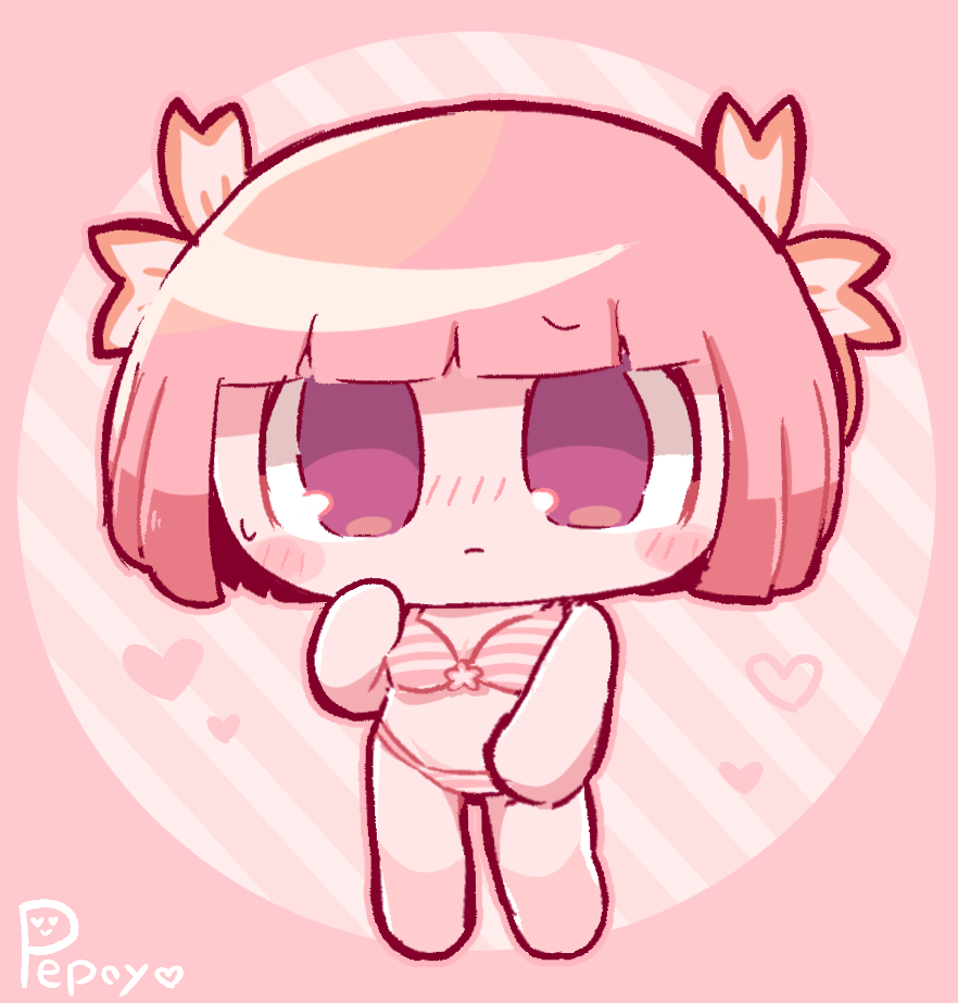 pepoyo, vy1, vocaloid, commentary request, 1girl, alternate costume, artist name, bare arms, barefoot, bikini, blush, chibi, chibi only, closed mouth, embarrassed, flower, full body, hair flower, hair ornament, hand on own cheek, hand on own face, heart, pink eyes, pink hair, short hair, solo, striped bikini, striped clothes, sweatdrop, swimsuit
