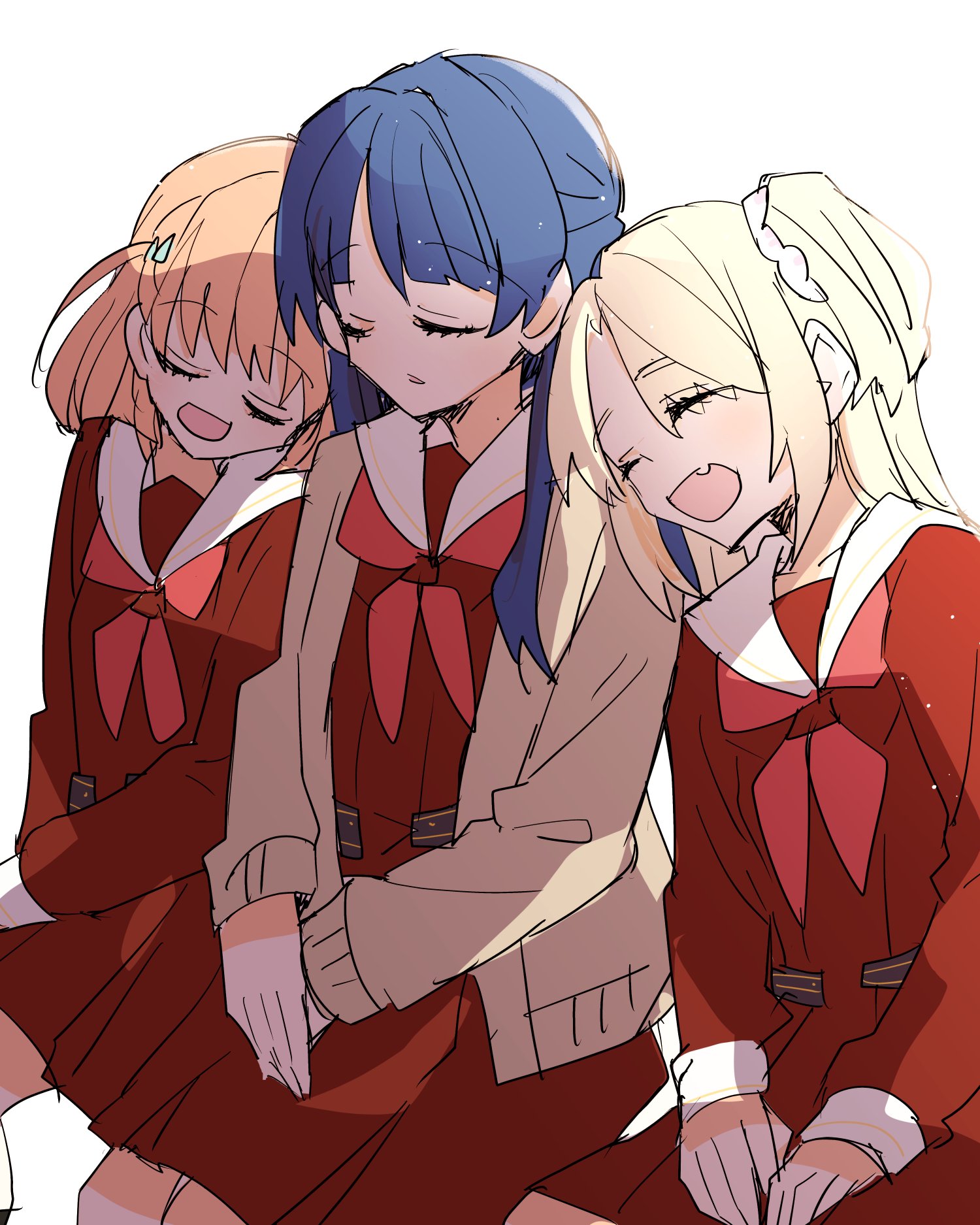 kanduki kamibukuro, hinoshita kaho, murano sayaka, osawa rurino, link! like! love live!, love live!, commentary request, highres, 3girls, :d, ^ ^, blonde hair, blue hair, brown cardigan, cardigan, closed eyes, dress, fang, flower, hair flower, hair ornament, half updo, hasu no sanrenka, hasu no sora school uniform, leaning on person, light particles, long sleeves, medium dress, multiple girls, neckerchief, open cardigan, open clothes, open mouth, orange hair, pink flower, pleated dress, rabbit hair ornament, red dress, red neckerchief, sailor collar, sailor dress, school uniform, simple background, sitting, sleeping, sleeping upright, smile, twintails, two side up, u u, virtual youtuber, white background, white sailor collar, winter uniform