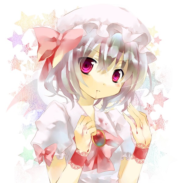 jin rikuri, remilia scarlet, touhou, bad id, bad pixiv id, 1girl, blood, bow, female focus, hat, pink hair, purple eyes, short hair, solo, star (symbol), wings, wristband