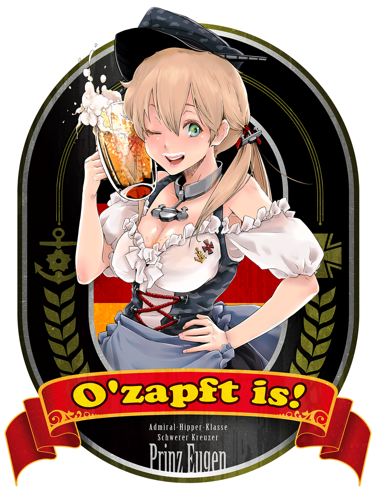 hutsudansa, prinz eugen (kancolle), kantai collection, highres, 1girl, alcohol, anchor hair ornament, anchor symbol, beer, beer mug, black hat, blonde hair, blush, breasts, character name, cleavage, cross, cup, dirndl, foam, foam mustache, german clothes, german commentary, german flag, german text, green eyes, hair between eyes, hair ornament, hand on own hip, hat, holding, holding cup, iron cross, large breasts, long hair, looking at viewer, low twintails, mug, oktoberfest, one eye closed, open mouth, peaked cap, solo, twintails