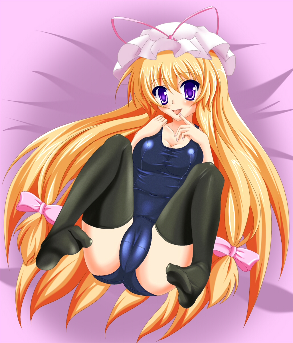 tera hiroshi, yakumo yukari, touhou, bad id, bad pixiv id, highres, 1girl, black thighhighs, blonde hair, blush, breasts, cameltoe, cleavage, fat mons, feet, female focus, finger to mouth, hat, legs up, long hair, lying, medium breasts, on back, one-piece swimsuit, purple eyes, school swimsuit, shiny clothes, skindentation, solo, swimsuit, thighhighs, tongue, very long hair