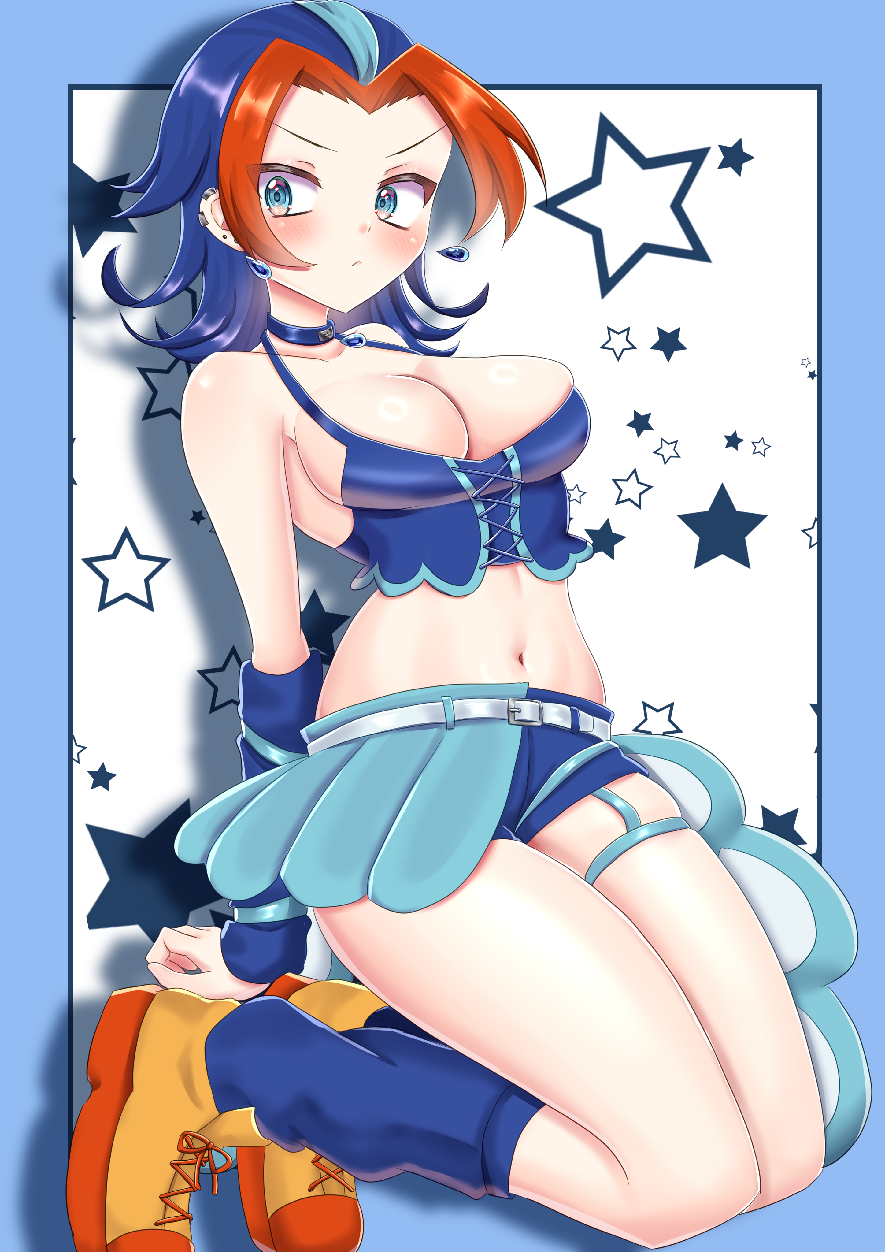 quaquaval, nintendo, pokemon, absurdres, commentary request, highres, 1girl, aqua hair, arms behind back, bare shoulders, belt, blue eyes, blue hair, blue shirt, blue shorts, blue socks, blush, border, breasts, cleavage, closed mouth, crop top, earrings, full body, hair intakes, hair slicked back, hikarukaon, humanization, jewelry, kneeling, medium hair, midriff, navel, orange shoes, red hair, shadow, shirt, shoes, short shorts, shorts, sideboob, socks, solo, star (symbol), v-shaped eyebrows