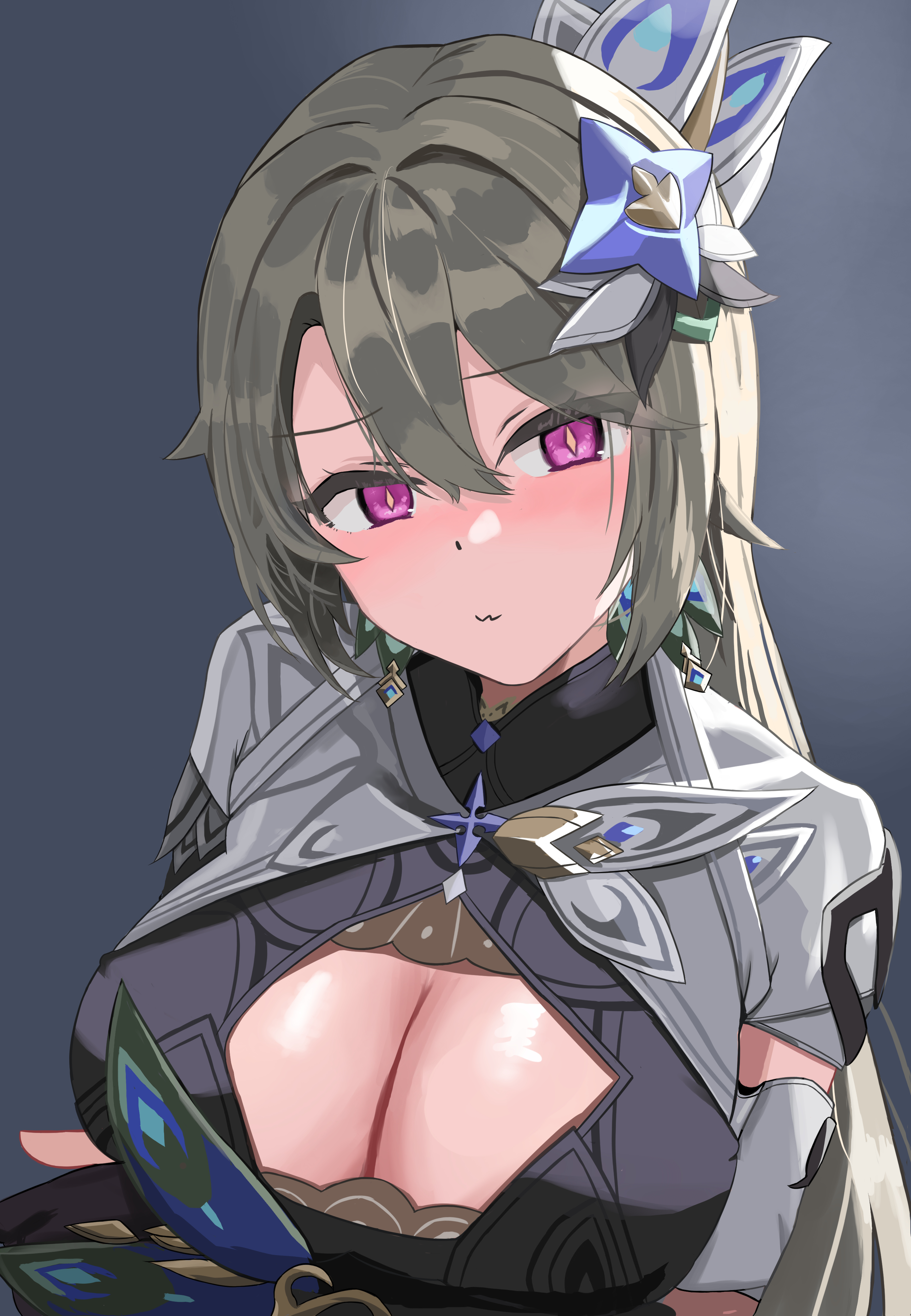 masita (kcsf3528), vita (honkai impact), vita (lone planetfarer) (honkai impact), honkai (series), honkai impact 3rd, absurdres, highres, 1girl, blush, breasts, cleavage, earrings, green hair, hair ornament, jewelry, large breasts, long hair, looking at viewer, pink eyes
