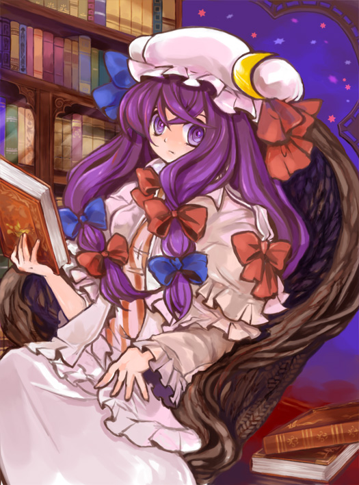 karuborara, patchouli knowledge, touhou, 1girl, book, female focus, hat, long hair, purple eyes, purple hair, solo