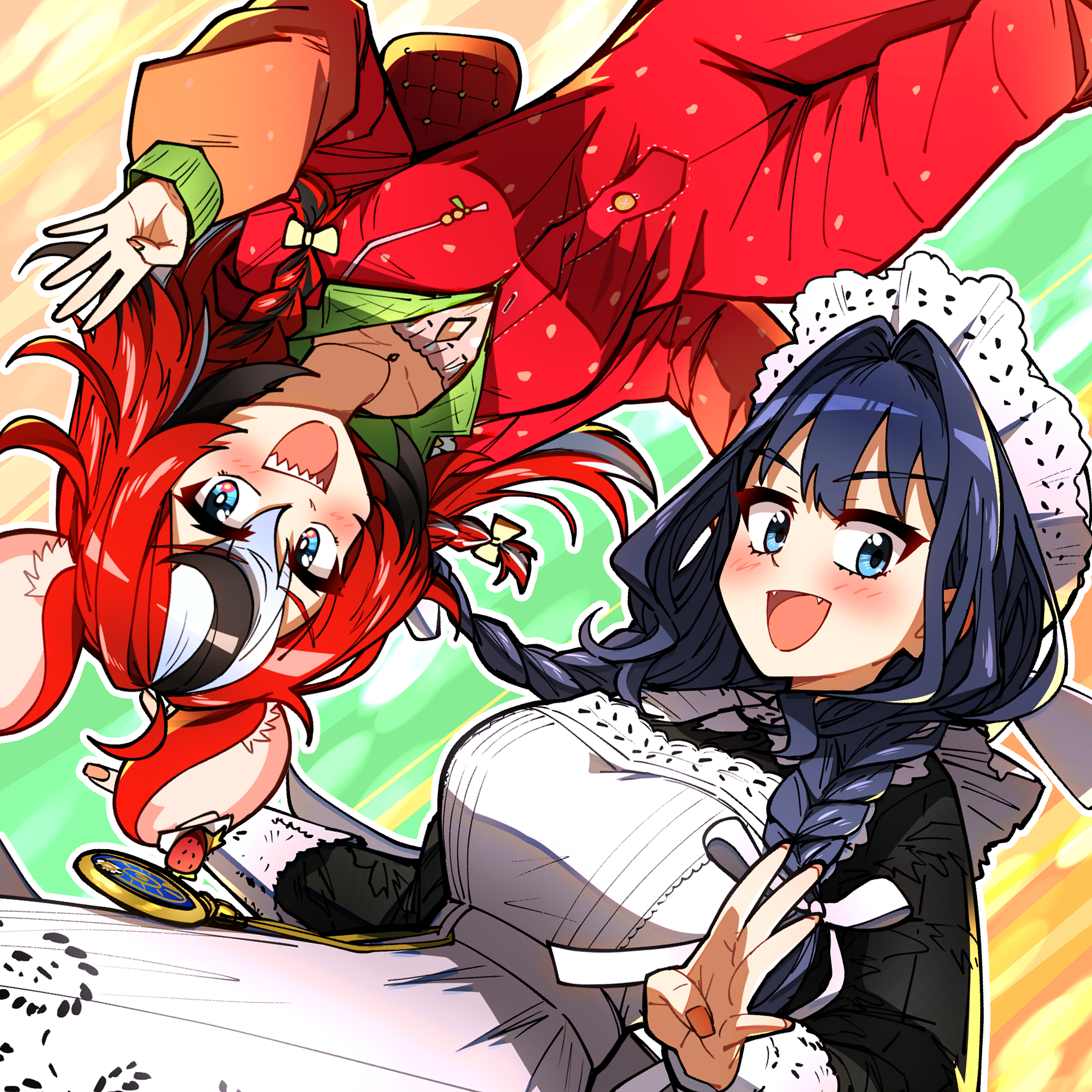 ddolbang, hakos baelz, hakos baelz (strawberry onesie), ouro kronii, ouro kronii (maid), holocouncil, hololive, hololive english, commentary, highres, 2girls, animal ear fluff, anniversary, apron, babydoll, black dress, black hair, blue eyes, blue hair, bow, braid, cleavage cutout, clock, clothing cutout, dress, fanged bangs, fangs, food, fruit, gradient background, hair between eyes, hair intakes, hood, hood down, hooded pajamas, jewelry, maid apron, maid headdress, multicolored hair, multiple girls, necklace, official alternate costume, pajamas, pocket watch, polka dot babydoll, red hair, red pajamas, sharp teeth, smile, strawberry, teeth, twin braids, upside-down, virtual youtuber, watch, white hair, yellow bow