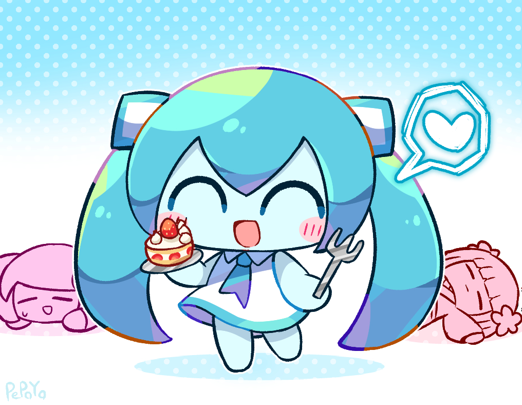 pepoyo, hatsune miku, poyoroid, vy1, utau, vocaloid, commentary request, 3girls, :d, ^ ^, aqua trim, bare arms, bare legs, bare shoulders, barefoot, blue background, blue hair, blue necktie, blue skin, blunt bangs, blunt ends, cake, cake slice, chibi, chibi only, closed eyes, collared dress, colored skin, dress, flower, food, fork, fruit, gradient background, hair between eyes, hair flower, hair ornament, halftone, halftone background, heart, holding, holding fork, holding plate, japanese clothes, kimono, long hair, long sleeves, lying, multiple girls, necktie, on back, on stomach, open mouth, outline, plate, short hair, simple background, sleeveless, sleeveless dress, smile, solo focus, spoken heart, standing, standing on one leg, strawberry, strawberry cake, sweatdrop, tongue, twintails, very long hair, white background, white dress, white outline