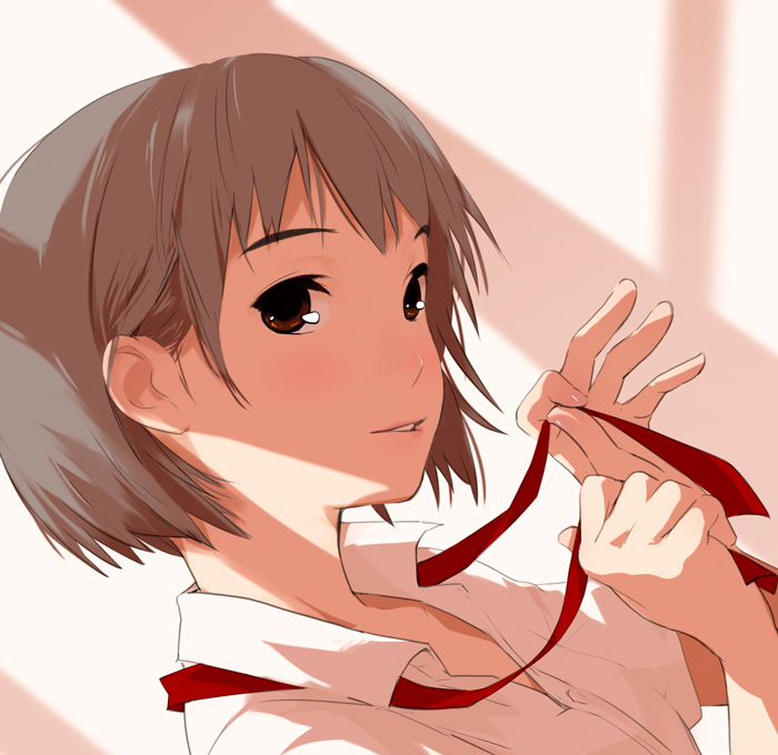 hanaosutarou, original, blush, brown eyes, brown hair, lips, necktie, shirt, short hair, solo, white shirt