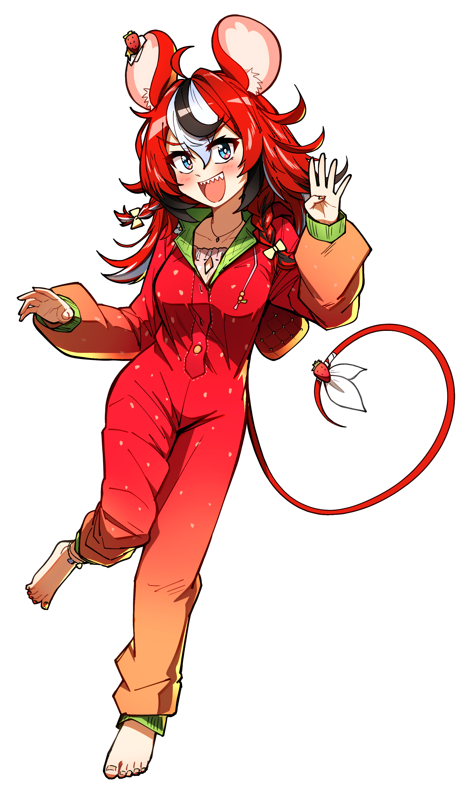 ddolbang, hakos baelz, hakos baelz (strawberry onesie), hololive, hololive english, absurdres, commentary, highres, 1girl, animal ear fluff, babydoll, barefoot, black hair, blue eyes, bow, braid, cleavage cutout, clothing cutout, fangs, feet, food, fruit, hair between eyes, hood, hood down, hooded pajamas, jewelry, mouse tail, multicolored hair, necklace, official alternate costume, pajamas, polka dot babydoll, red hair, red pajamas, sharp teeth, smile, strawberry, tail, tail bow, tail ornament, teeth, toenails, toes, transparent background, virtual youtuber, white hair, yellow bow