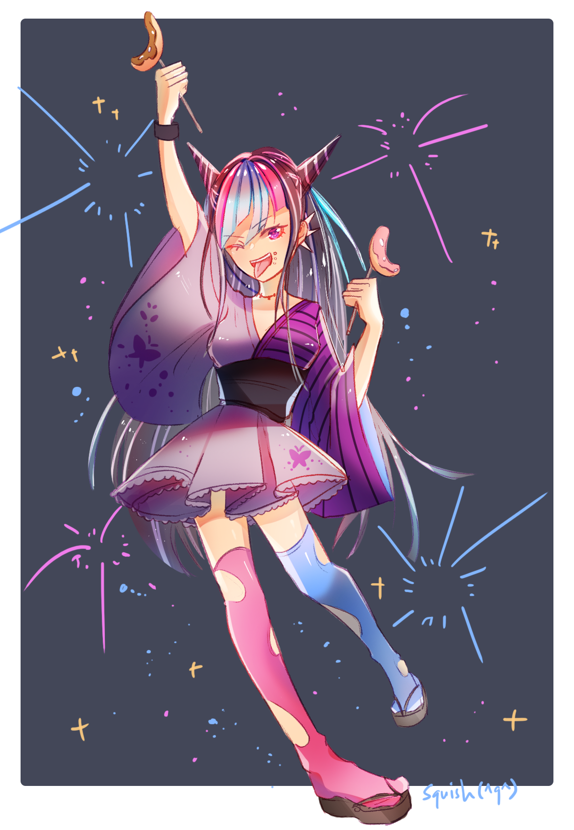 mioda ibuki, danganronpa (series), danganronpa 2: goodbye despair, commentary, english commentary, food request, highres, third-party source, 1girl, alternate costume, arm up, black hair, black sash, blue hair, blue streaks, border, ear piercing, face piercing, food, full body, hair horns, holding, japanese clothes, kimono, long hair, mismatched thighhighs, mouth piercing, multicolored hair, one eye closed, open mouth, piercing, pink eyes, pink hair, pink streaks, purple kimono, sandals, sash, smile, snowwharasho, solo, streaked hair, teeth, thighhighs, tongue, tongue out, torn clothes, torn thighhighs, upper teeth only, white border