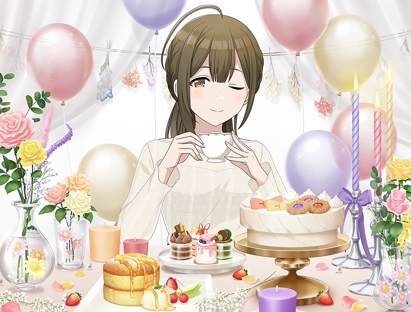 kuwayama chiyuki, idolmaster, idolmaster shiny colors, official art, 1girl, ahoge, balloon, brown eyes, brown hair, cake, candle, cherry, cup, fire, food, fruit, holding, leaf, one eye closed, smile, solo, strawberry, table, teacup, vase