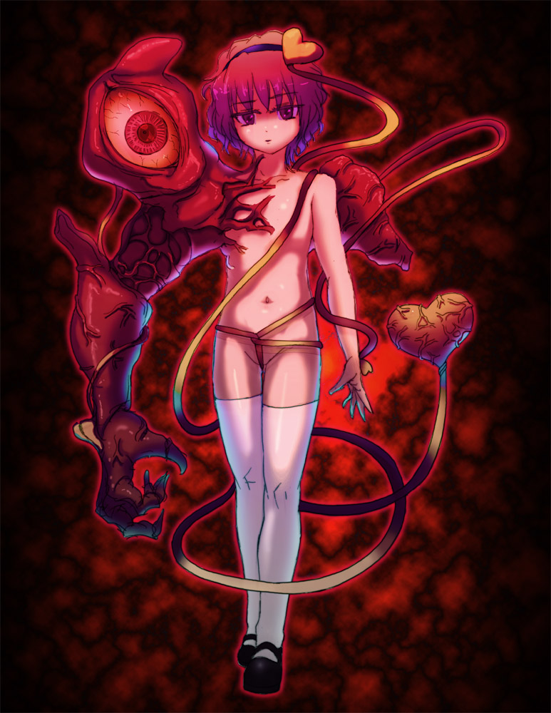 wm12, komeiji satori, william birkin, resident evil, touhou, artist request, non-web source, 1girl, female focus, full body, hairband, heart, monster, monster girl, navel, nude, parody, purple eyes, purple hair, red background, shoes, short hair, simple background, socks, solo, standing, thighhighs, third eye
