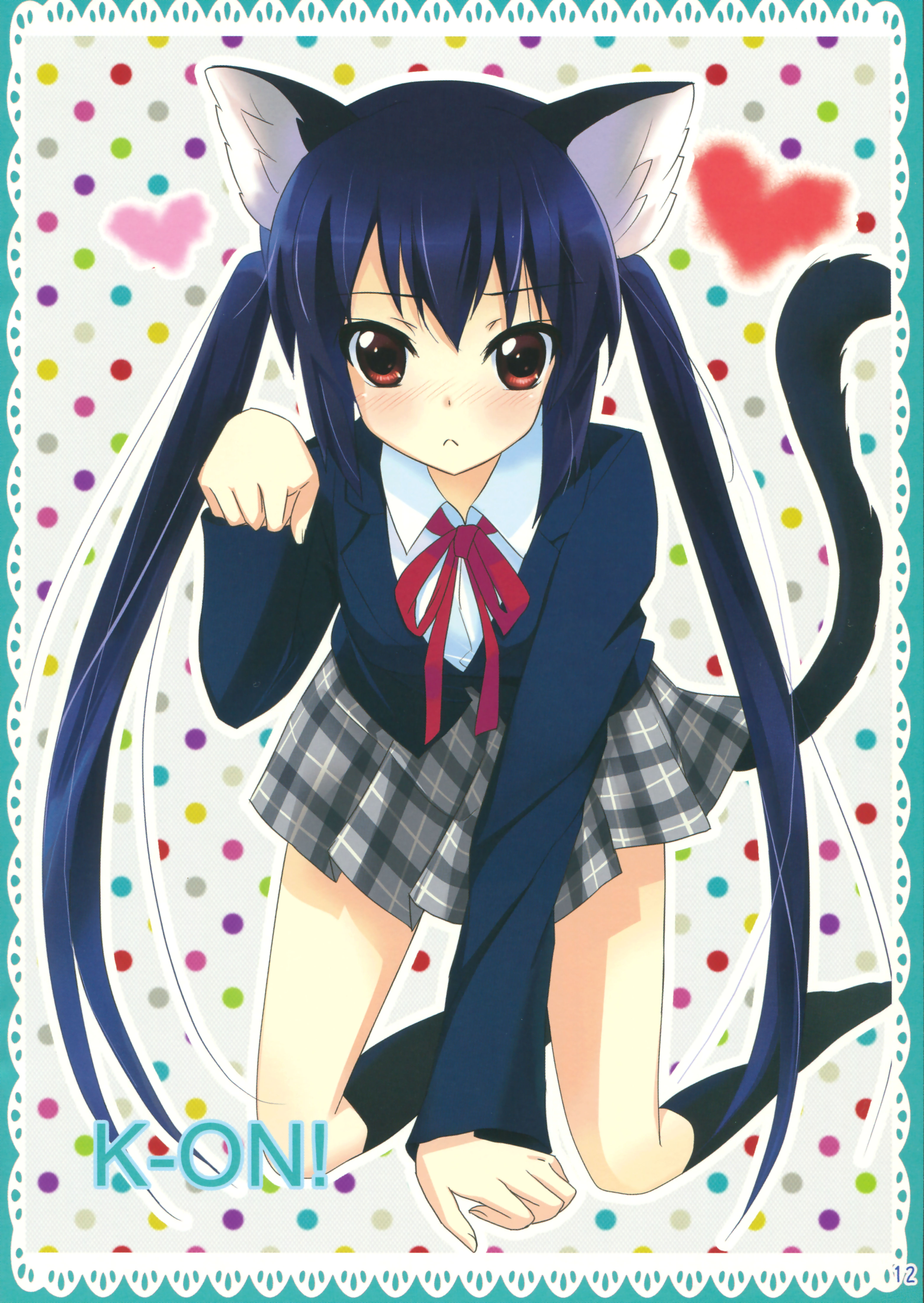 ameto yuki, nakano azusa, k-on!, absurdres, highres, 00s, 1girl, all fours, animal ears, black hair, blush, brown eyes, cat ears, cat girl, cat tail, female focus, long hair, neck ribbon, paw pose, plaid clothes, plaid skirt, red ribbon, ribbon, school uniform, skirt, socks, solo, tail, twintails