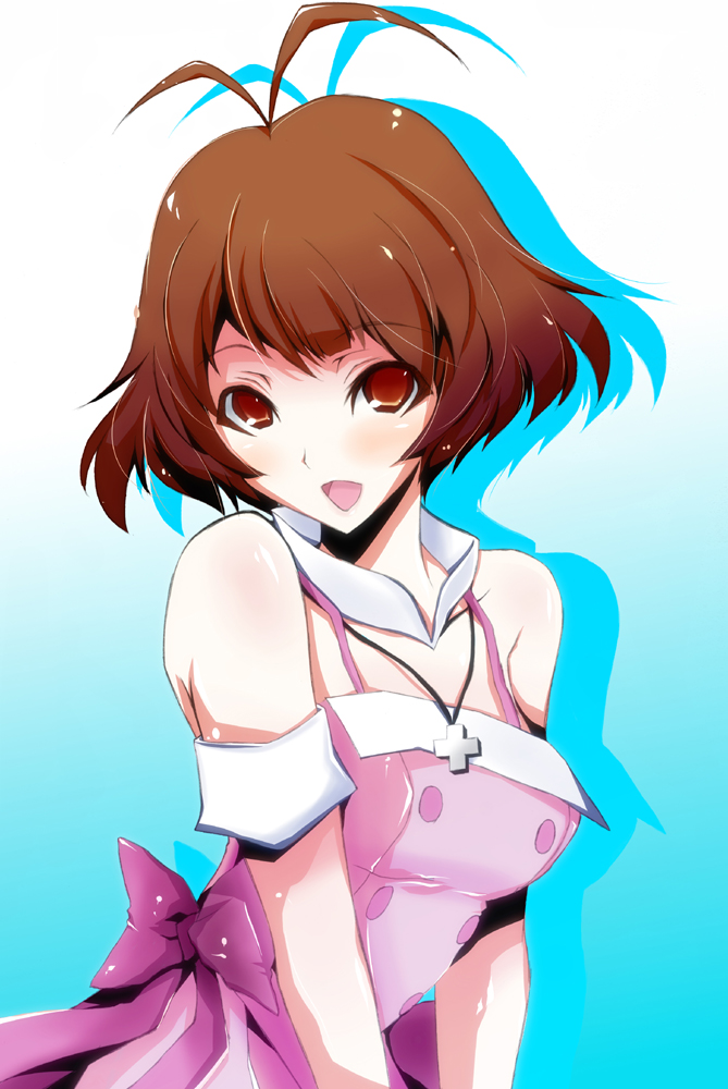 sawa (sawa-house), akizuki ryo, idolmaster, idolmaster dearly stars, 00s, 1boy, antenna hair, bare shoulders, breast padding, breasts, cute & girly (idolmaster), gradient background, male focus, ribbon, solo, trap