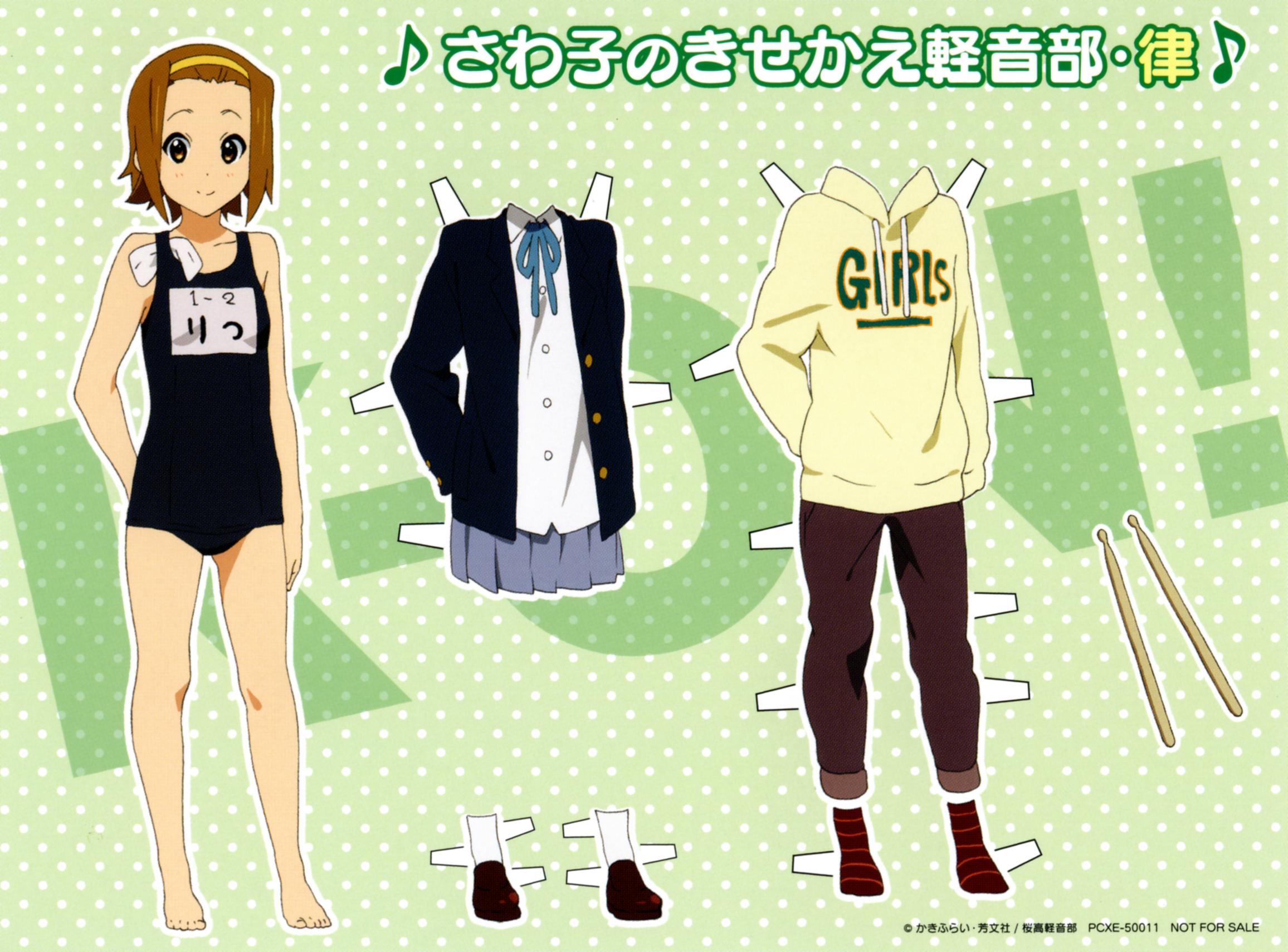 tainaka ritsu, k-on!, highres, official art, scan, 00s, 1girl, barefoot, brown eyes, brown hair, clothes writing, dressup, drumsticks, female focus, hairband, hood, hoodie, object in clothes, object in swimsuit, one-piece swimsuit, paper doll, school swimsuit, school uniform, short hair, skirt, smile, socks, solo, striped clothes, striped socks, sweater, swim cap, swimsuit