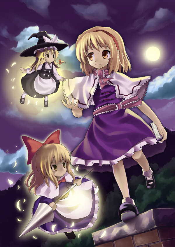 hidebo, alice margatroid, kirisame marisa, shanghai doll, touhou, bad id, bad pixiv id, 1girl, blonde hair, character doll, doll, female focus, hairband, hat, lance, long hair, moon, polearm, short hair, solo, spear, weapon, witch, witch hat, yellow eyes