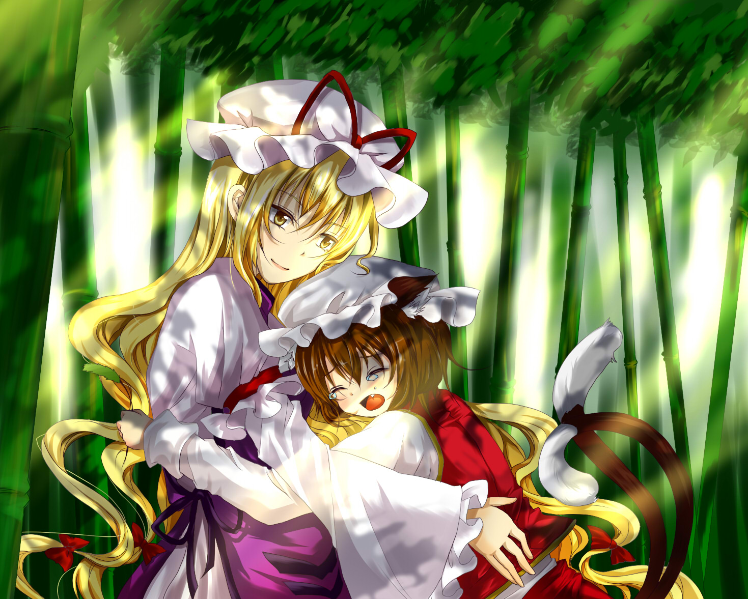 mizumiyako, chen, yakumo yukari, touhou, bad id, bad pixiv id, 2girls, animal ears, blonde hair, brown hair, cat ears, cat girl, cat tail, dress, fang, female focus, hat, hug, multiple girls, multiple tails, tail, tears, yellow eyes