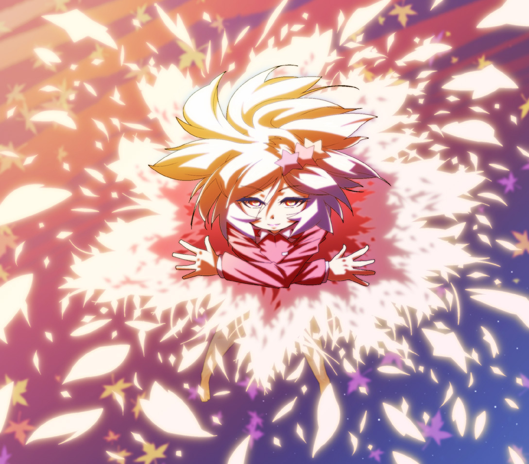 shokkin, aki shizuha, touhou, 1girl, blonde hair, danmaku, female focus, leaf, outdoors, short hair, sky, solo