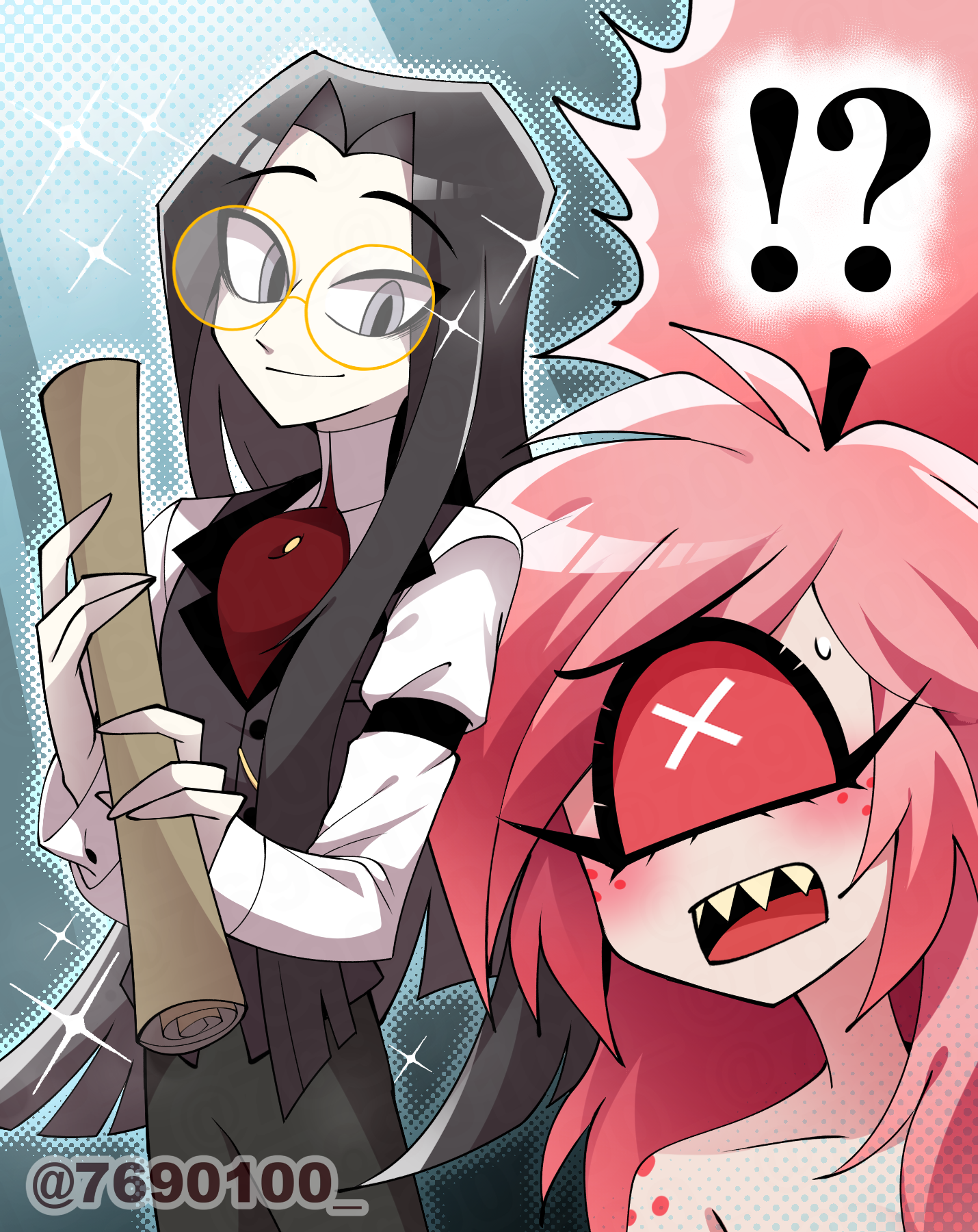 menattou, cherri bomb, sir pentious, hazbin hotel, hellaverse, commentary request, highres, !?, 1boy, 1girl, androgynous, bare shoulders, black hair, black pants, black vest, blue background, blue outline, blunt ends, blush, body freckles, buttons, closed mouth, collared shirt, colored sclera, colored teeth, cowboy shot, curtained hair, cyclops, eyes visible through hair, fewer digits, freckles, glasses, grey eyes, hair over shoulder, hair tie, halftone, halftone outline, high ponytail, holding, holding scroll, long hair, long sidelocks, long sleeves, one-eyed, open mouth, outline, pale skin, pants, pink hair, ponytail, portrait, raised eyebrows, red sclera, round eyewear, scroll, sharp teeth, shirt, shoulder freckles, sidelocks, simple background, sir pentious (human), smile, sparkle, standing, straight hair, sweatdrop, swept bangs, teeth, tongue, twitter username, upper teeth only, very long hair, vest, white eyes, white outline, white shirt, yellow-framed eyewear, yellow teeth