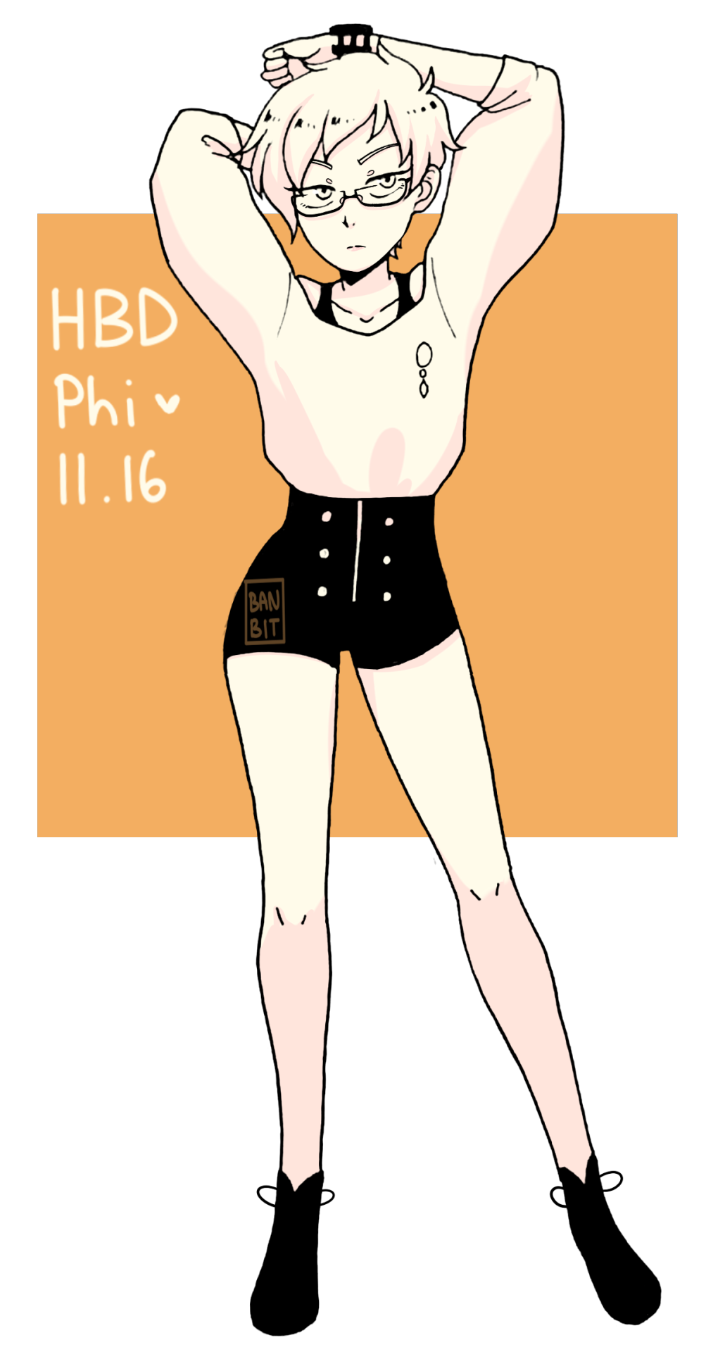 phi (kyokugen dasshutsu), kyokugen dasshutsu, zero escape: toki no dilemma, commentary, english commentary, highres, 1girl, arms behind head, arms up, brooch, character name, closed mouth, collarbone, dated, full body, glasses, greyscale with colored background, heart, high-waist shorts, jewelry, long sleeves, monochrome, n-emone, shirt, short hair, shorts, solo, standing, very short hair, watch, wristwatch