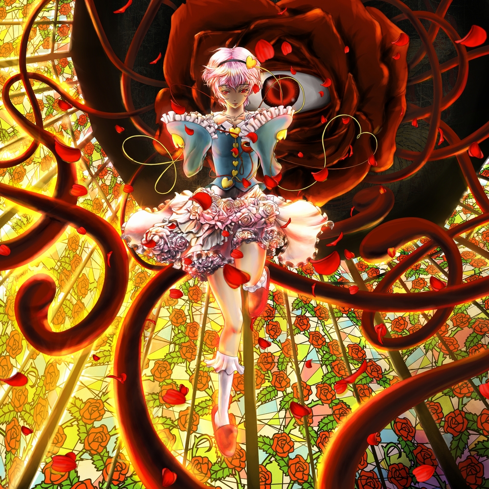 hyotenka ichido, komeiji satori, touhou, bad id, bad pixiv id, 1girl, female focus, flower, hairband, heart, petals, plant, purple hair, red eyes, rose, rose petals, short hair, solo, stained glass, tentacles