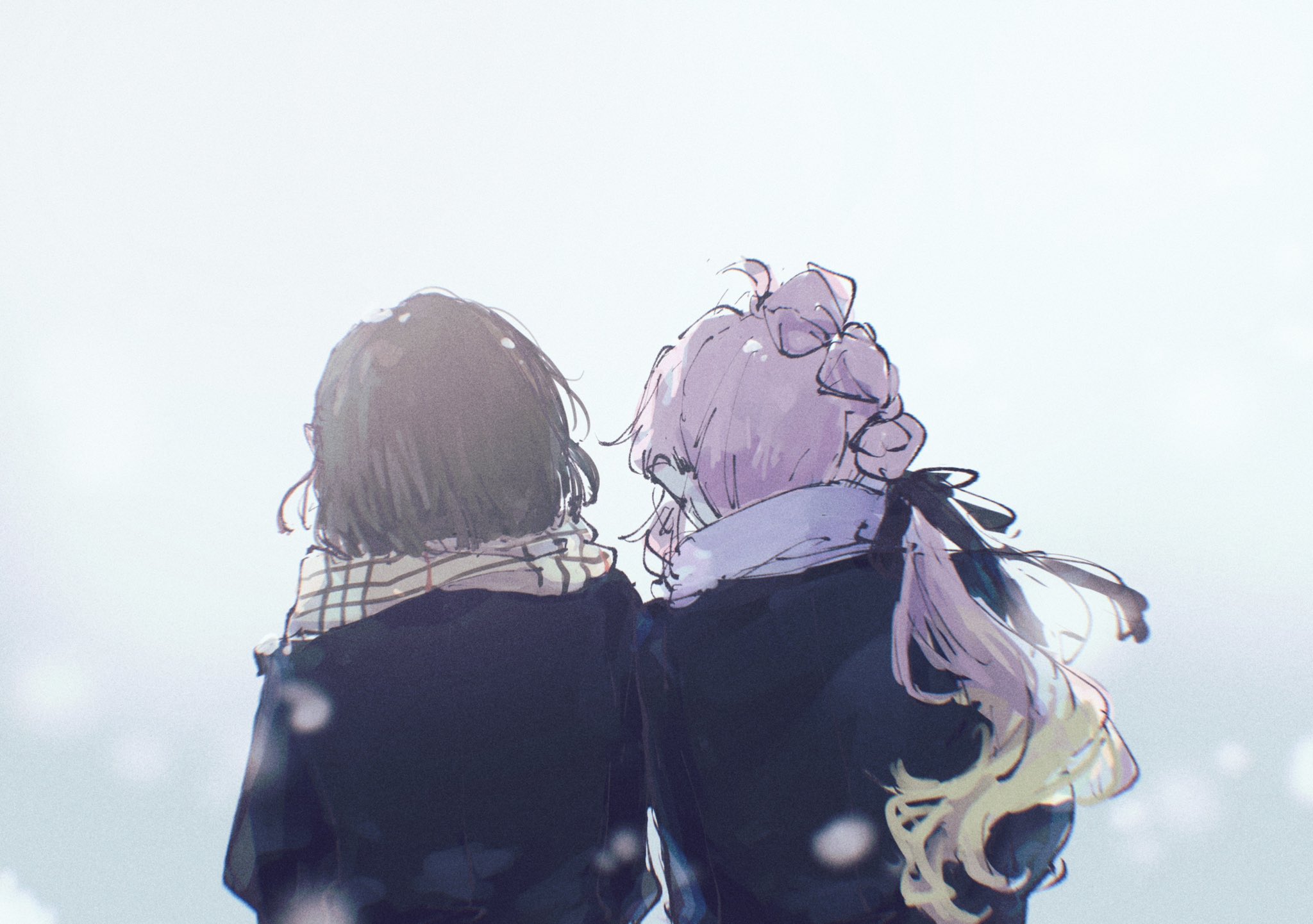 l9525, anyoji hime, momose ginko, link! like! love live!, love live!, highres, 2girls, ahoge, black coat, black hair, blonde hair, brown scarf, coat, from behind, gradient hair, multi-tied hair, multicolored hair, multiple girls, pink hair, plaid clothes, plaid scarf, ponytail, purple scarf, scarf, short hair, simple background, virtual youtuber, white background