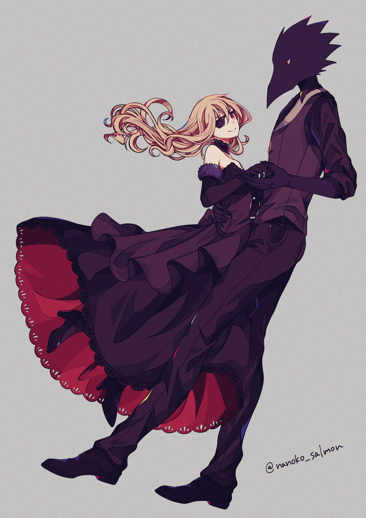 nanoko, caron (higyaku no noel), noel cerquetti, higyaku no noel, highres, spoilers, 1boy, 1girl, animal head, bird boy, black choker, black dress, black gloves, black skin, black vest, blonde hair, choker, colored skin, demon boy, dress, eyepatch, frills, gloves, holding hands, jacket, long hair, red eyes, smile, vest