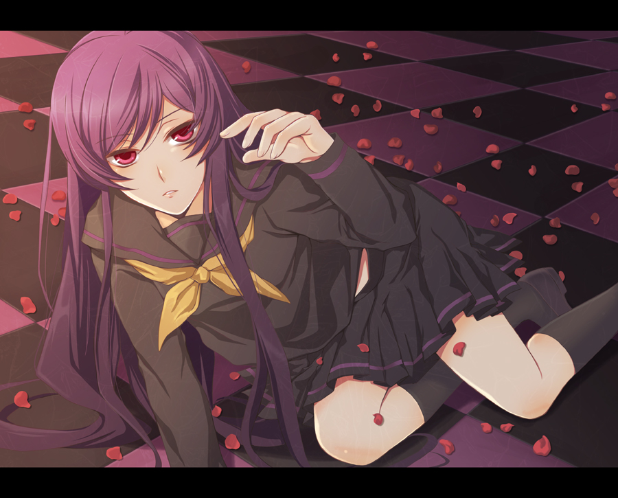 adu, hirose azumi, tieria erde, gundam, gundam 00, bad id, bad pixiv id, 00s, 1boy, bow, crossdressing, crossdressing (mtf), letterboxed, long hair, male focus, petals, purple hair, red eyes, school uniform, skirt, socks, solo, trap, very long hair