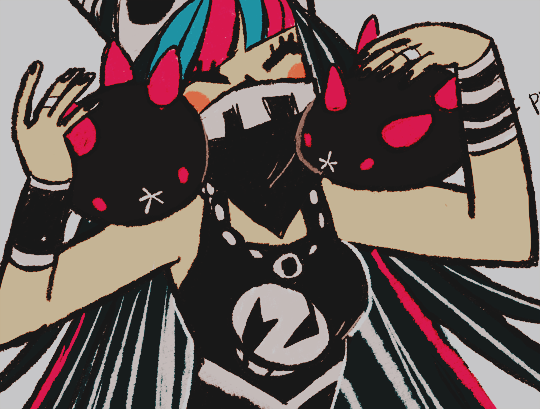 mioda ibuki, pyukumuku, danganronpa (series), danganronpa 2: goodbye despair, nintendo, pokemon, pokemon sm, commentary, english commentary, third-party source, 1girl, bandana, bandana over mouth, black bandana, black hair, black nails, black tank top, blue hair, blue streaks, blush, blush stickers, closed eyes, crossover, eyelashes, fingernails, gen 7 pokemon, gothlete99, grey background, jewelry, long hair, multicolored hair, nail polish, necklace, on shoulder, pink eyes, pink hair, pink streaks, pokemon (creature), pokemon on shoulder, ring, simple background, streaked hair, tank top, team skull, team skull uniform, upper body, white hair