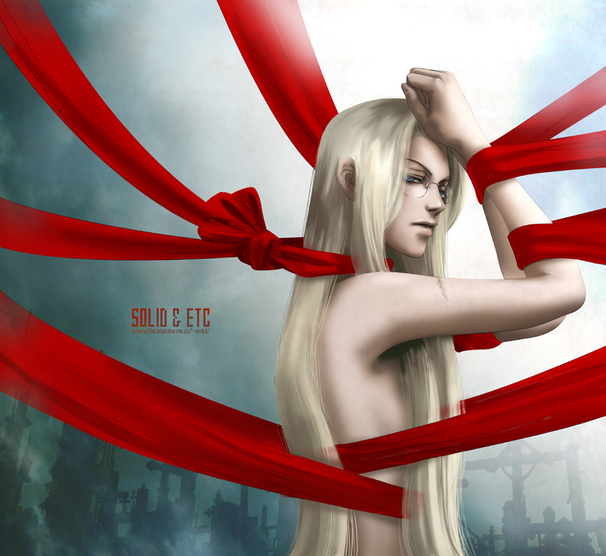 solid&etc, integra hellsing, hellsing, 1girl, blonde hair, blue eyes, female focus, glasses, long hair, nude, outdoors, sea of red tape, sky, solo