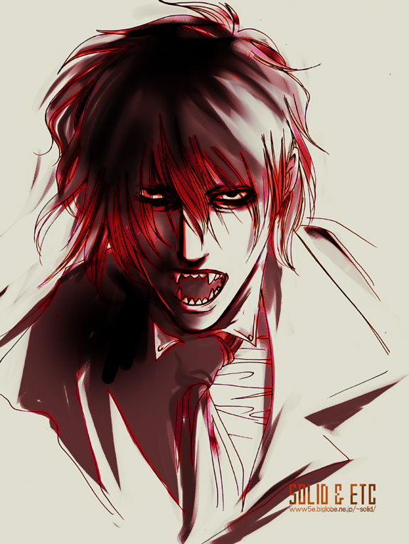 solid&etc, alucard (hellsing), hellsing, 1boy, black eyes, black hair, coat, fangs, hair between eyes, male focus, monochrome, necktie, open mouth, overcoat, simple background, sketch, solo, vampire