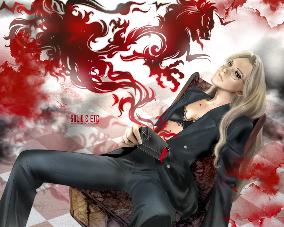 solid&etc, integra hellsing, hellsing, blonde hair, blood, bra, chair, coffin, glasses, lingerie, open clothes, open shirt, shirt, sitting, spread legs, underwear