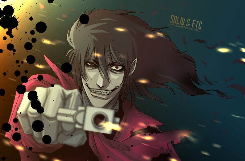 solid&etc, alucard (hellsing), hellsing, 1boy, artistic error, black hair, casull (hellsing), coat, colored skin, crazy eyes, evil grin, evil smile, formal clothes, gloves, grin, gun, hair between eyes, handgun, long hair, looking at viewer, overcoat, pistol, red coat, red eyes, sharp teeth, smile, suit, teeth, vampire, weapon, white gloves, white skin