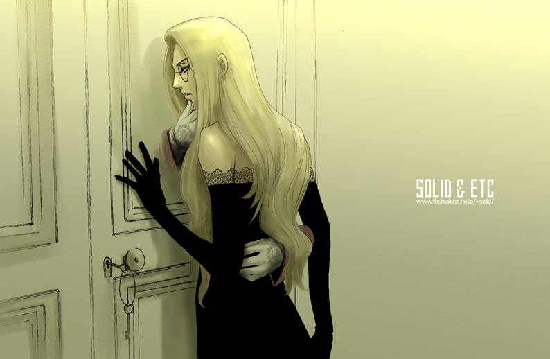 solid&etc, alucard (hellsing), integra hellsing, hellsing, blonde hair, door, dress, glasses, gloves, key, keyring
