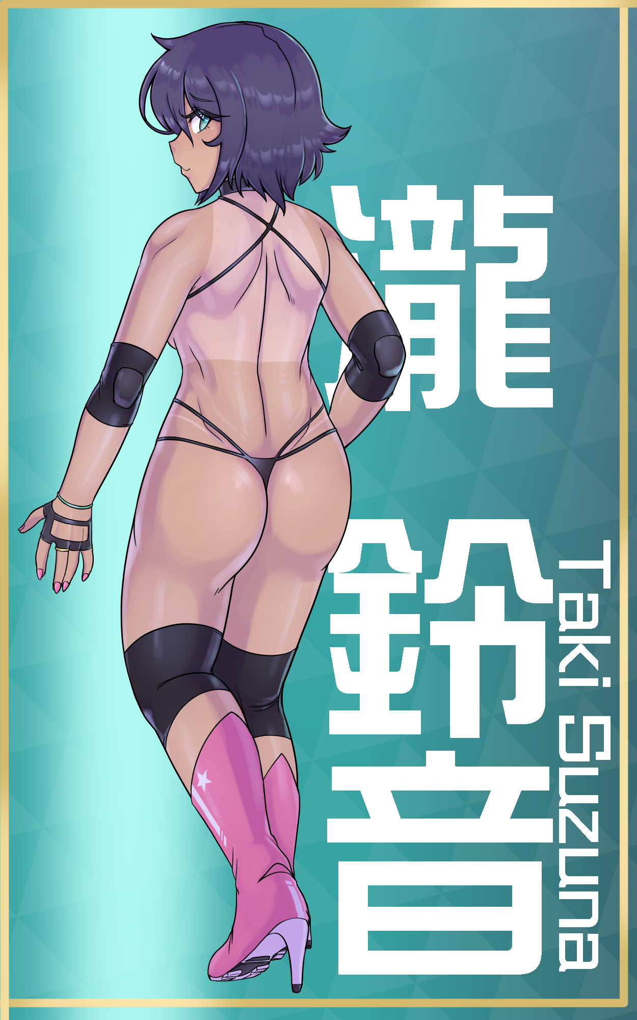 scuttlefish, taki suzuna, eyeshield 21, commentary, english commentary, highres, 1girl, aqua background, aqua eyes, ass, black gloves, blue hair, boots, bracelet, character name, closed mouth, dark-skinned female, dark skin, elbow pads, eyelashes, fingerless gloves, fingernails, from behind, full body, gloves, high heel boots, high heels, jewelry, knee pads, looking back, nail polish, pink boots, pink nails, short hair, smile, solo, tan, tanline, underwear, underwear only