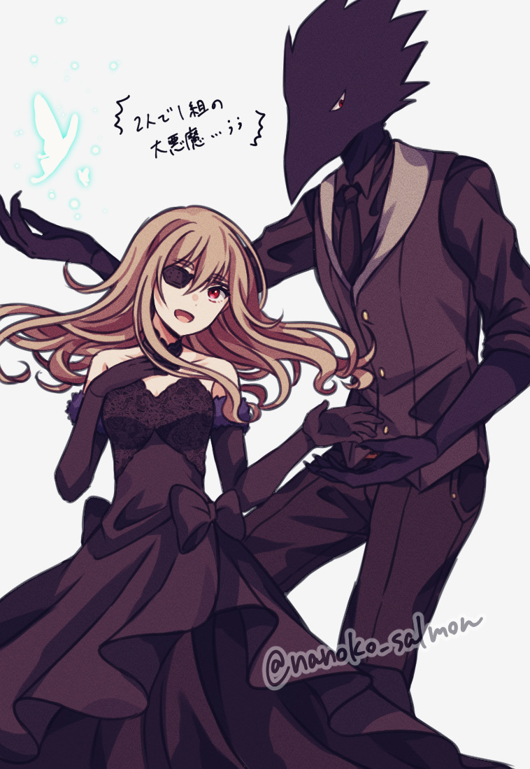 nanoko, caron (higyaku no noel), noel cerquetti, higyaku no noel, spoilers, 1boy, 1girl, animal head, bare shoulders, bird boy, black dress, black gloves, black skin, blonde hair, choker, colored skin, dress, eyepatch, gloves, jacket, long hair, sleeveless, sleeveless dress, smile, vest